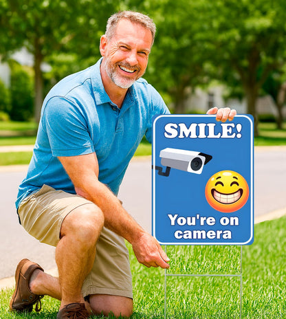 Set of 3 Double Sided 12x8 Inches Plastic Sign With H-Stakes "SMILE! You'reon Camera" - Tresspassing Video Surveillance Private Property Signs