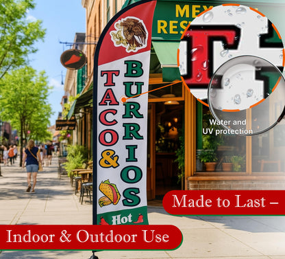 12x2.5 Feet Tall Feather Flags "Tacos & Burritos" - Advertising Replacement Feather Banner - Single Sided Feathers Banners Food Themed