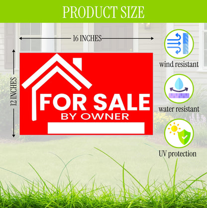 3X For Sale By Owner Yard Sign 12x16 Double Sided Yard Plastic Signs with H Stakes - Perfect for Home Owners Real Estate Directional Signs