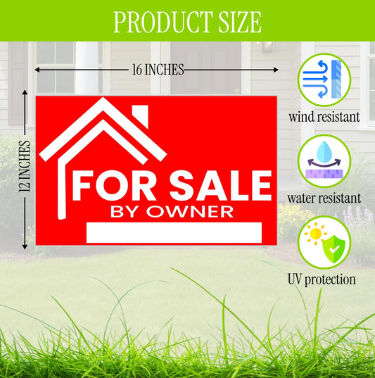 3X For Sale By Owner Yard Sign 12x16 Double Sided Yard Plastic Signs with H Stakes - Perfect for Home Owners Real Estate Directional Signs