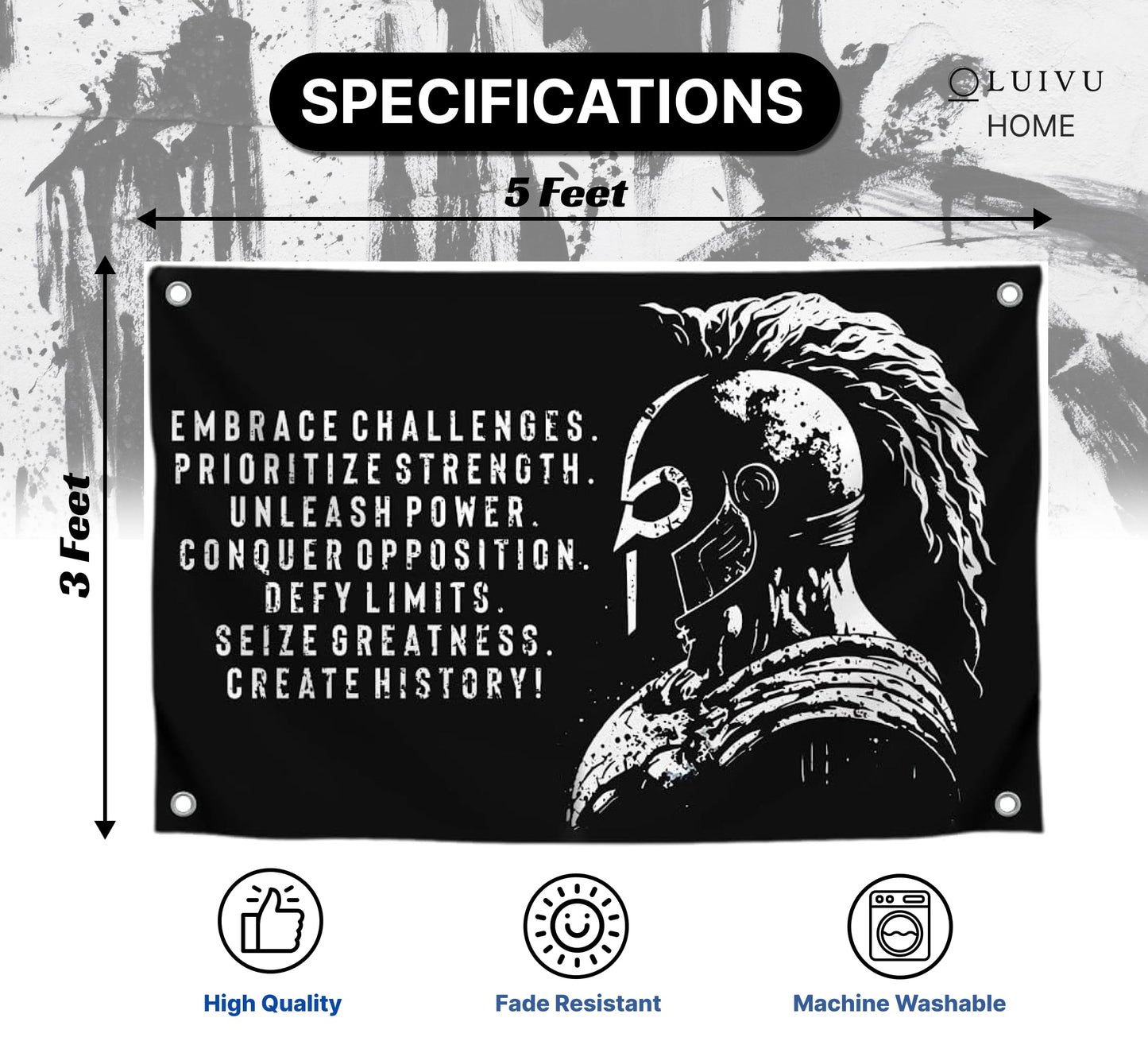 3x5 Ft Embrace Challenges Single Sided Banner with 4 Grommets - Large Motiv Quote Wall Polyester Flag for Home Gym Decor - Wall Flag with Gladiator