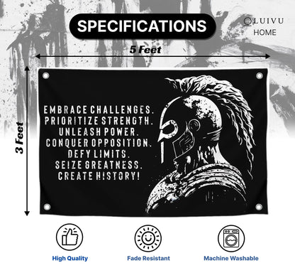 3x5 Ft Embrace Challenges Single Sided Banner with 4 Grommets - Large Motiv Quote Wall Polyester Flag for Home Gym Decor - Wall Flag with Gladiator