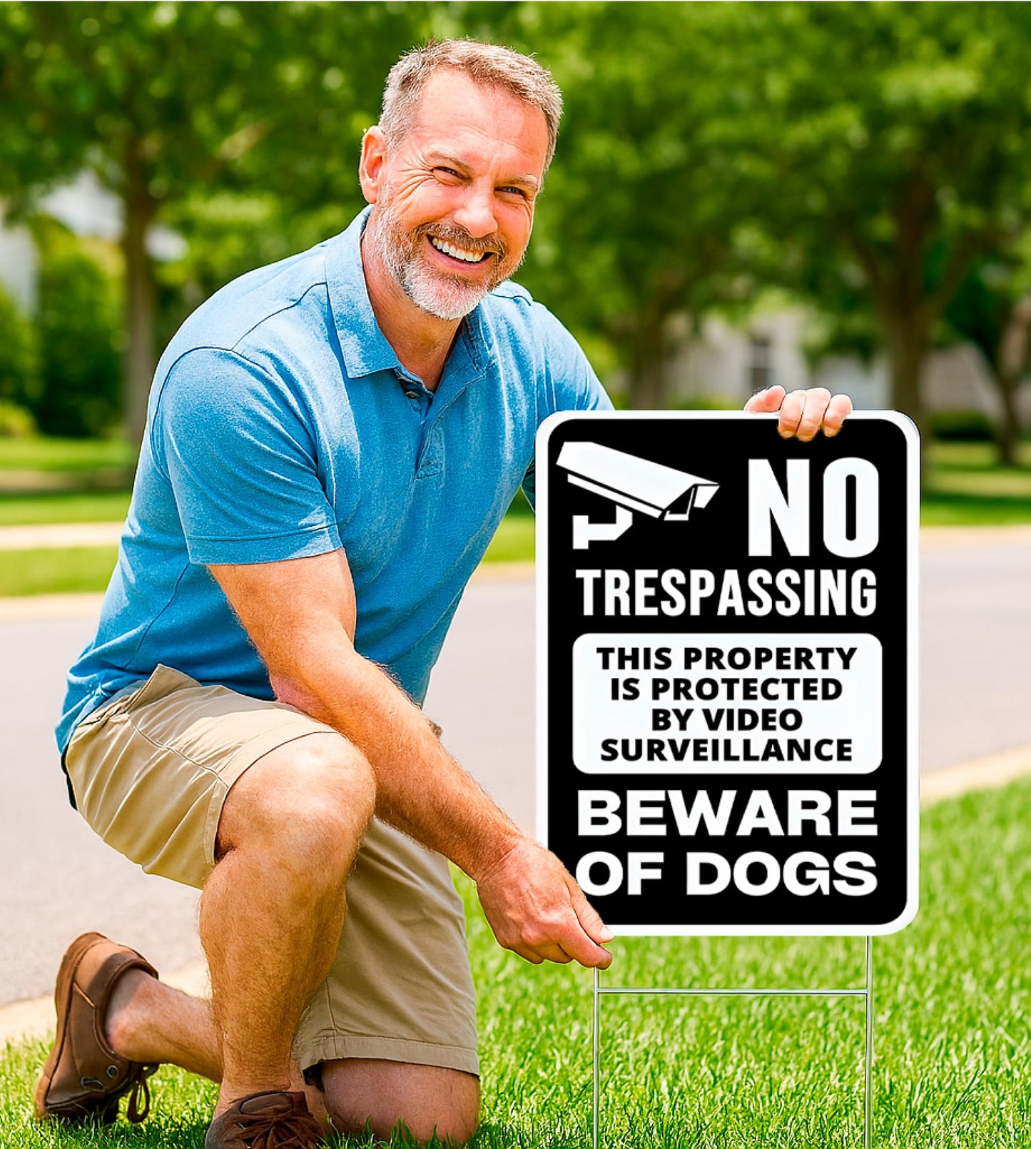 ULVEOL Set of 3 Double Sided 12x8 Inches Beware of Dog Plastic Sign with Metal Stakes. No Trespassing This Property Is Protected By Video Surveillance