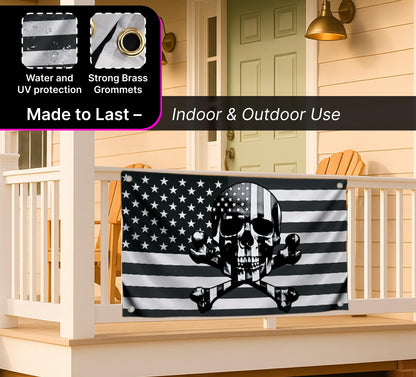 3x5 Ft American Skull Polyester Flags with 4 Brass Grommets - Pirate USA Flag or US Black Boat Single Sided Flags or Banners Man Cave Skull Bones Fun