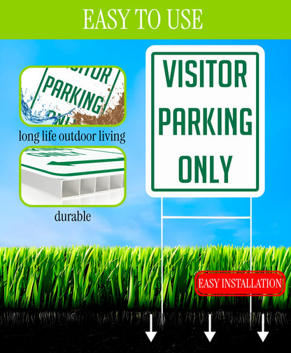 Set of 3 Double Sided 12x16 Inch Plastic Sign "Visitor Parking Only" with Metal H-Stakes - Plastic Parking Signs Green on White