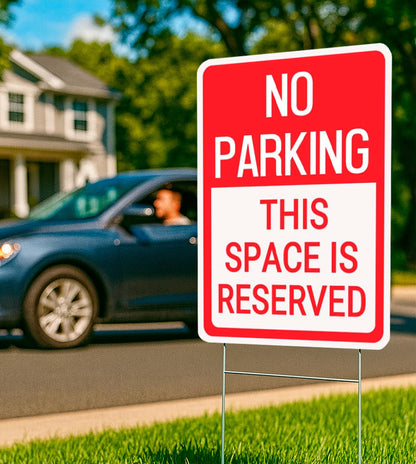 Set of 3 Double Sided 12x16 Inches No Parking This Space Is Reserved Sign with Metal Wire H-Stakes.Plastic Reserved Parking Indoor or Outdoor Sign Use