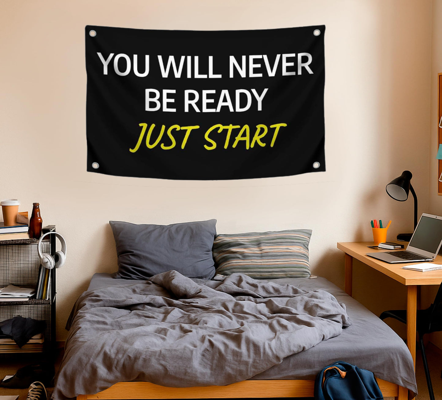 3x5 Feet Motivation Single Sided Flag "You Will Never Be Ready. Just Start" with 4 Brass Grommets - Motivational Polyester Banner for Office