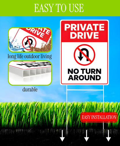 3X Private Drive No Turn Around Sign with Metal Stakes - 12x8 Inches Do Not Enter No Trespassing Double sided Signs