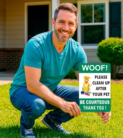 3X Double Sided 12x8 Please Clean Up After Your Pet Sign - Lawn Fun Pet Plastic Signs - Signs to Curb Your Dog with Metal H-Shaped Stakes