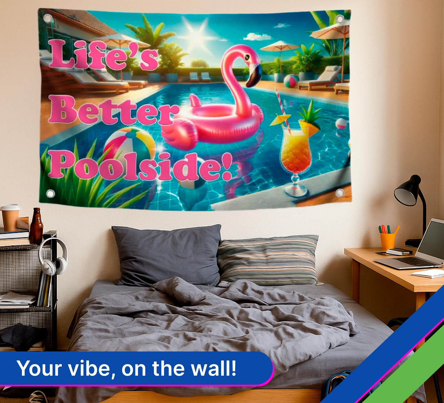 3x5 Life’s Better Poolside Flag with 4 Grommets - Tropical Pool Banner for Summer Vibes - Fun Poolside Decoration for Backyard or Beach House