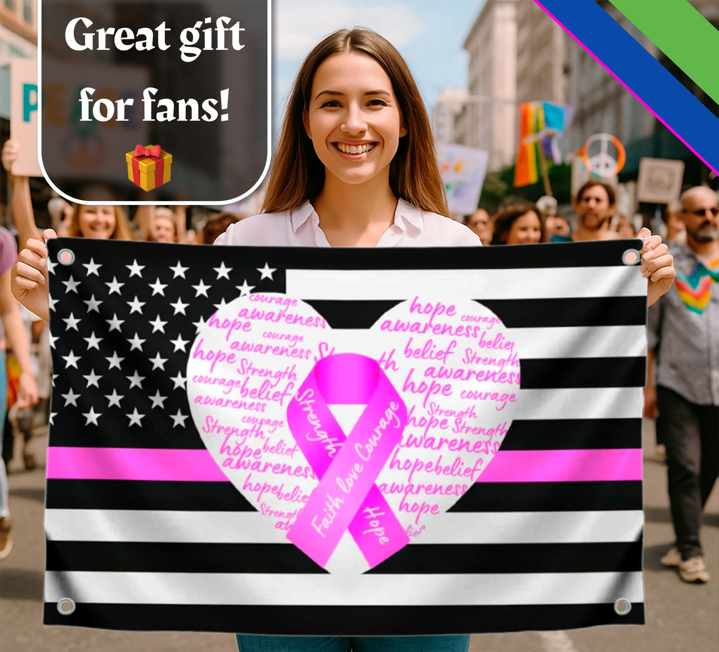 3x5 Fееt Breast Cancer Awareness Ribbon Polyester Flag with 4 Brass Grommets - Outdoor Hope Faith Courage Strength Decor Single Sided Banner