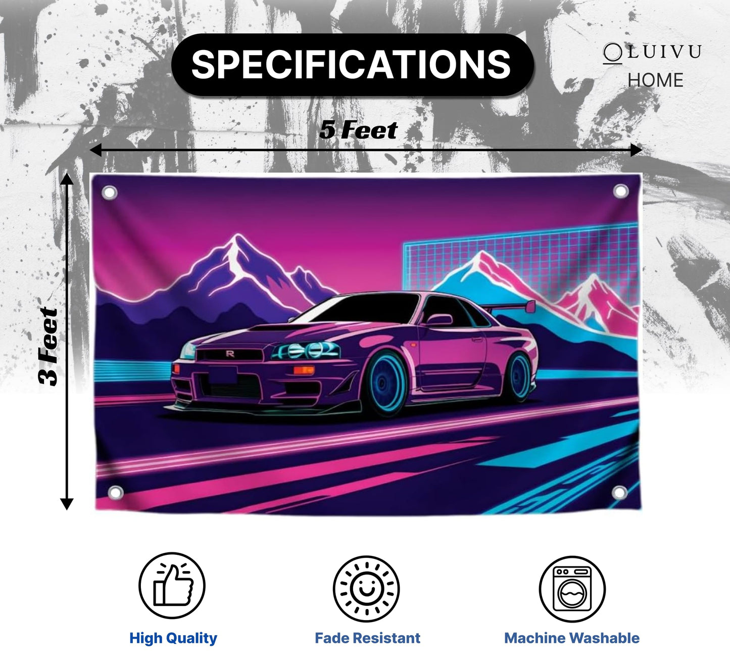 3x5 Feet Purple Racing Car Polyester Flag with Mountains In The Background with Four Brass Grommets - Car Wall Poster for Outdoor or Indoor