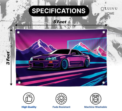 3x5 Feet Purple Racing Car Polyester Flag with Mountains In The Background with Four Brass Grommets - Car Wall Poster for Outdoor or Indoor