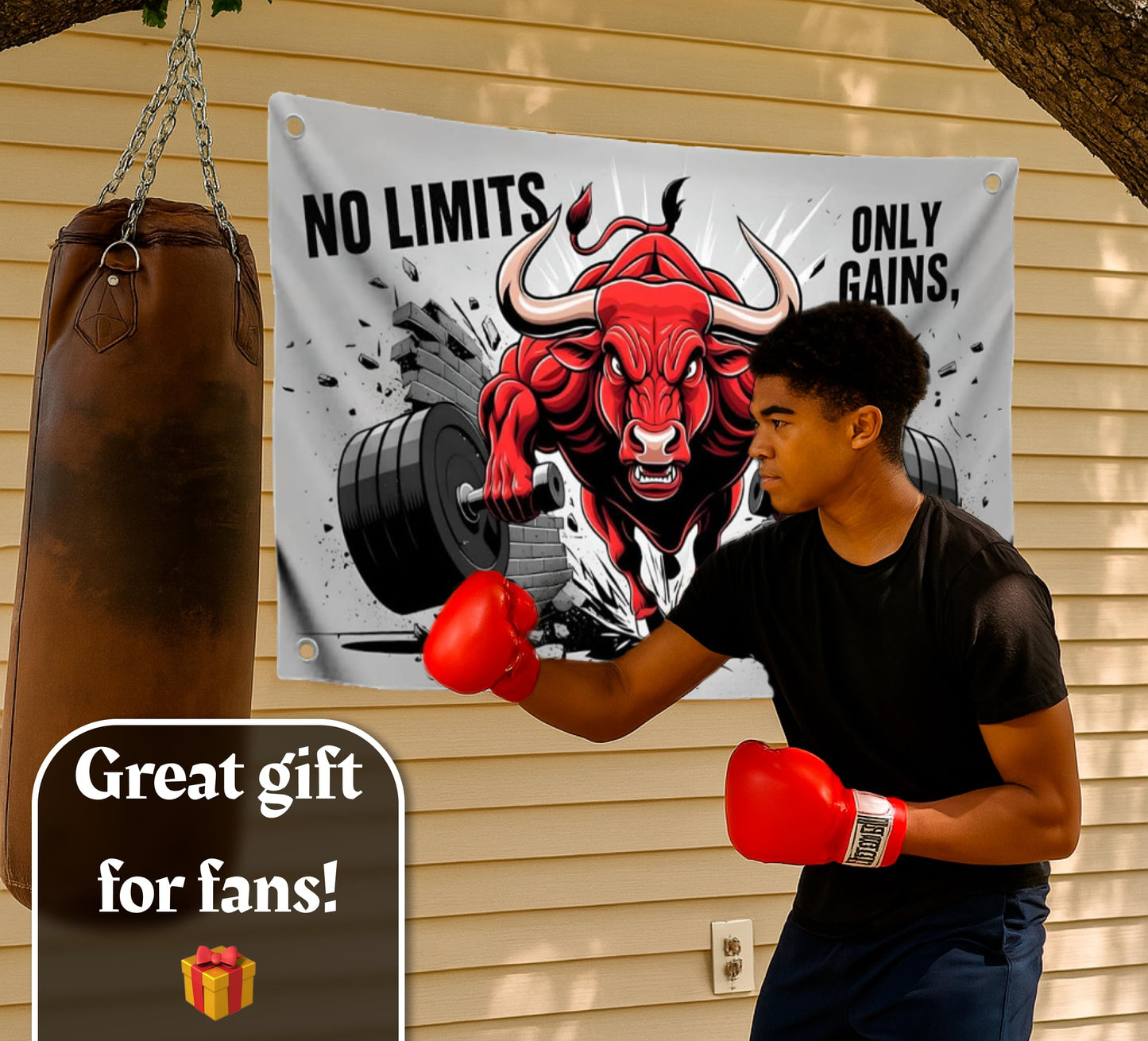 3x5 Feet Red Bull Motivation Flag "No Limits, Only Gains" with Four Brass Grommets. Polyester Animals Yard Outdoor or Indoor Banner.Bull Inspirational