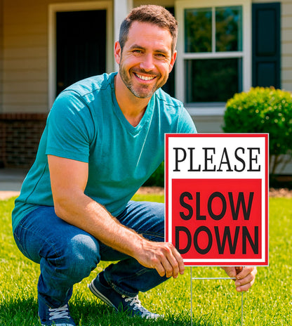 3 Pack 12x16 Double-Sided Please Slow Down Sign with Metal Wire H-Stakes - Children At Play Safety signs for Street Plastic Signs