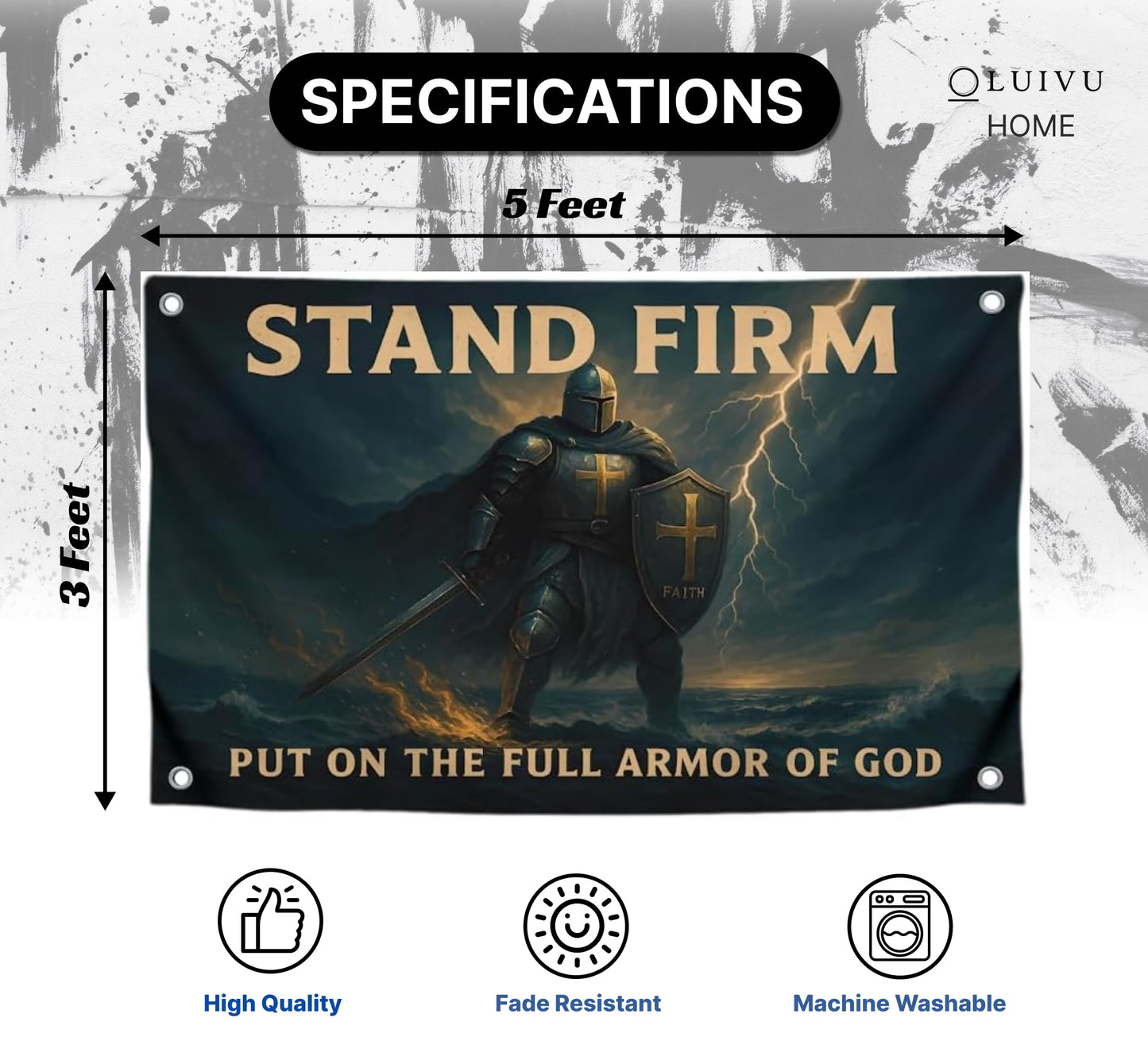 3x5 Feet Motivational Christian Flag Image Knight with Quote "Stand Firm – Put On the Full Armor of God" with 4 Brass Grommets - Single Sided Flag