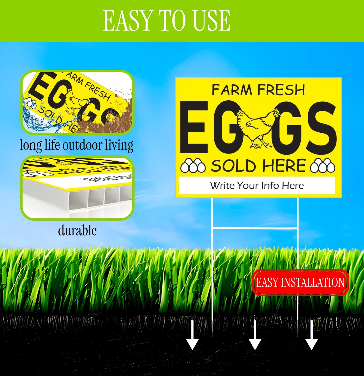 12x16 Inch 3X Double Sided Sign Farm Fresh Eggs Sold Here Yard Plastic Sign - Farm Fresh Eggs Sign With H-Stakes for Outdoor and Indoor