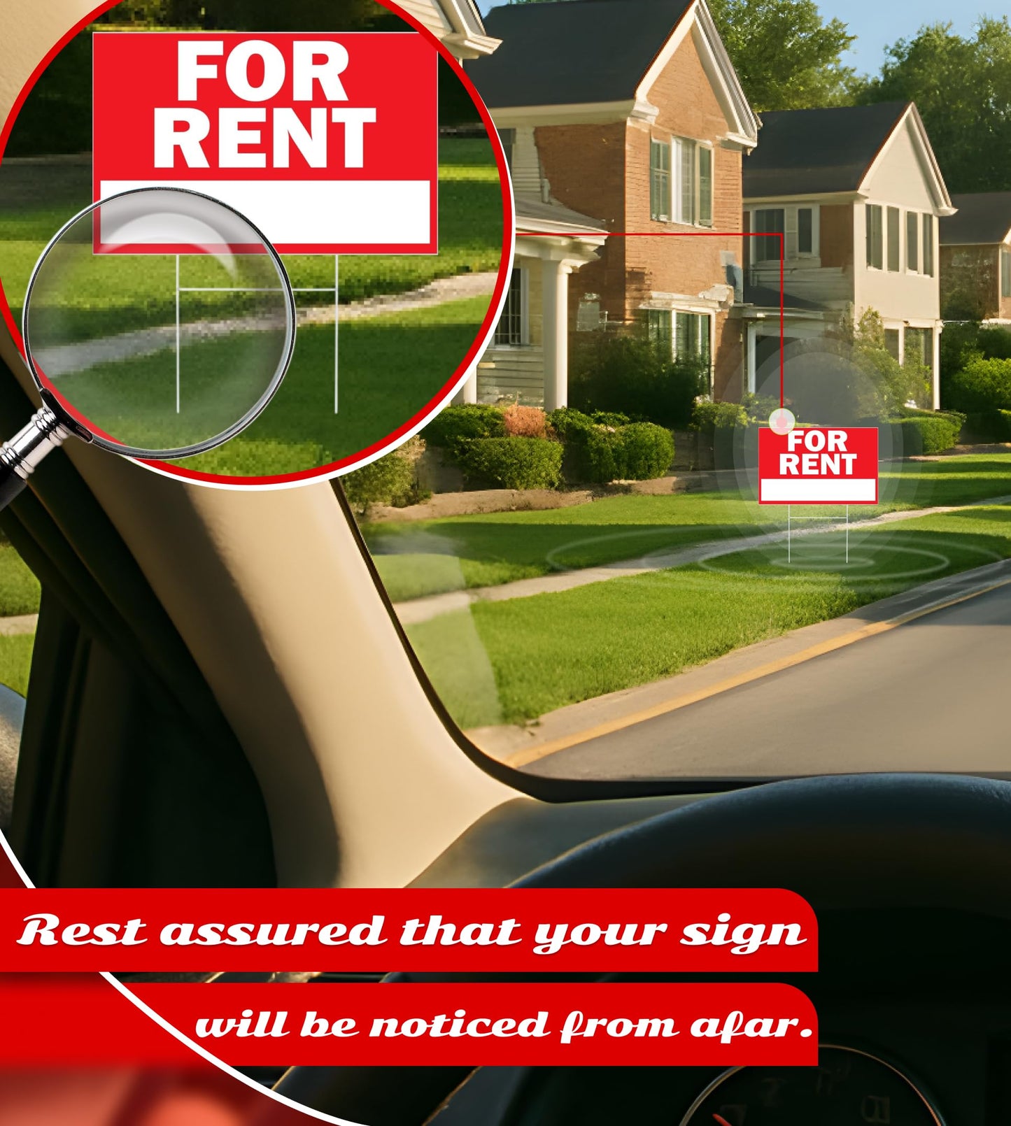 Double Sided Plastic Home for Rent sign - Set of 3 Pieces 12x8 Inch - Yard Sign with Tall Stands for Rentals Home Car Apartment Stores Business