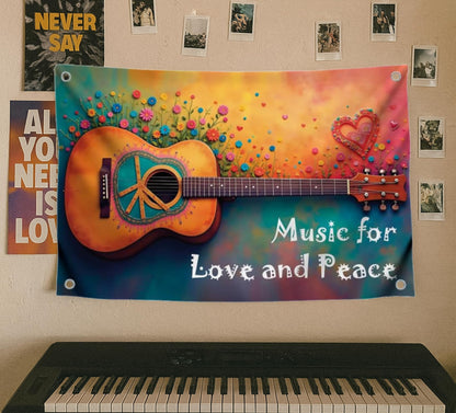 3x5 Ft Guitar Single Sided Flag "Music for Love and Peace" with 4 Brass Grommets - Musical Polyester Banner with Flower and Heart for Wall Decoration