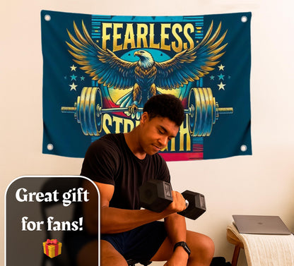 3x5 Ft Motivation Gym Single Sided Flag with Quote Fearless Strength with 4 Brass Grommets - Eagle Inspirational Polyester Banner for Wall Decoration