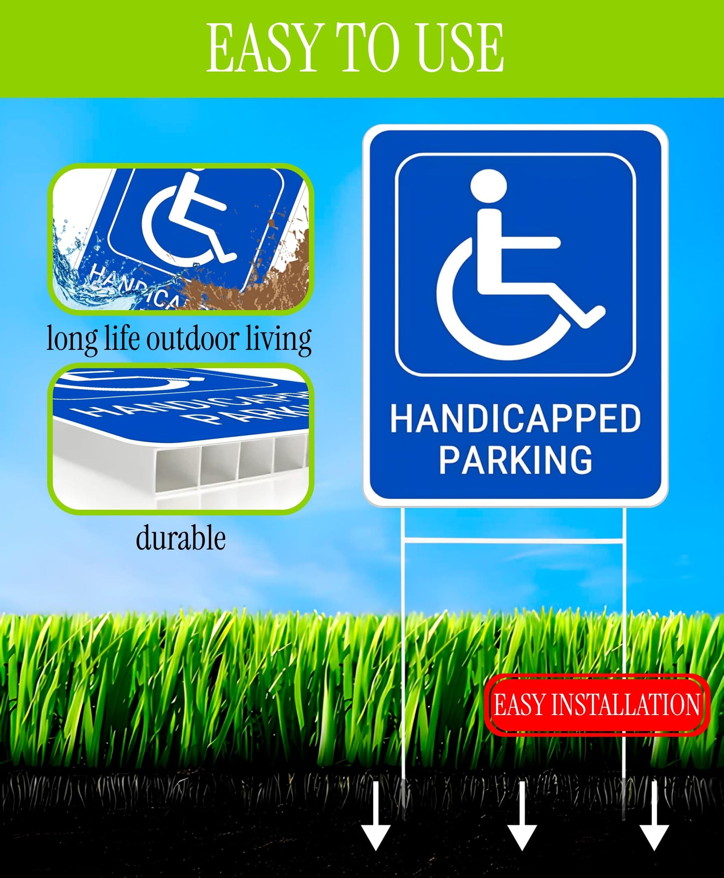 Set of 3 Double Sided 12x8 Inches Handicapped Parking with Metal Wire H-Stakes - Plastic Reserved Parking Signs for Handicapped Only