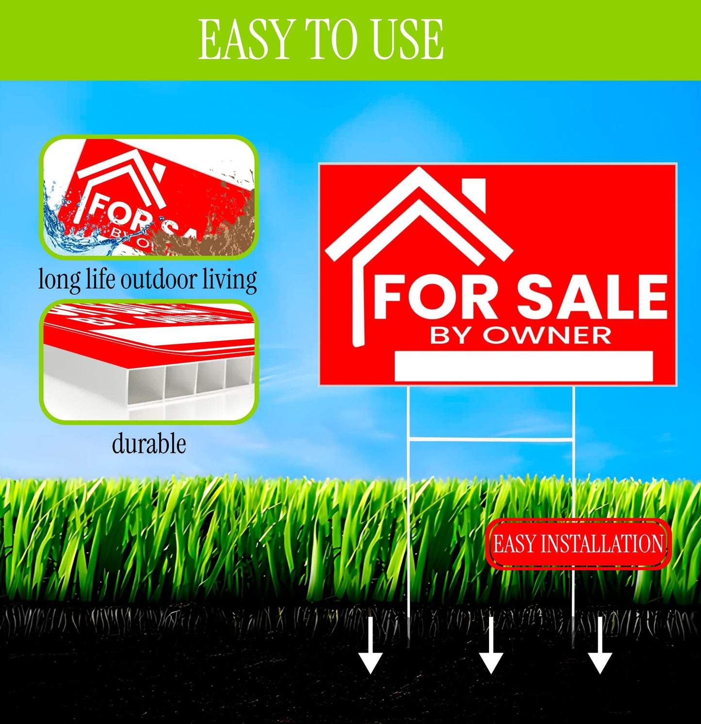 3X For Sale By Owner Yard Sign 12x16 Double Sided Yard Plastic Signs with H Stakes - Perfect for Home Owners Real Estate Directional Signs