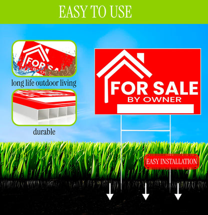 3X For Sale By Owner Yard Sign 12x16 Double Sided Yard Plastic Signs with H Stakes - Perfect for Home Owners Real Estate Directional Signs
