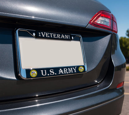 License Plate Frame US Army Veteran - Stainless Steel Frame for Front and Rear - Metal Plate Frame with 2 Holes and Screws 6x12.25 inches