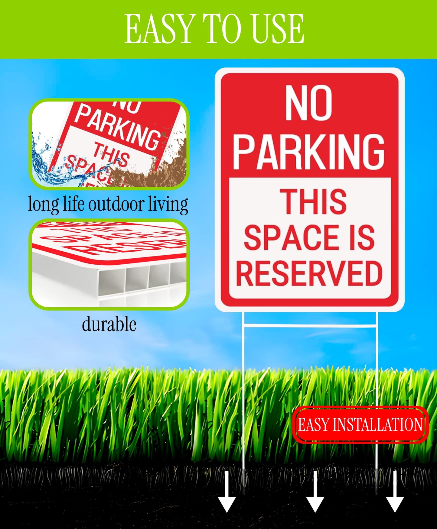 Set of 3 Double Sided 12x16 Inches No Parking This Space Is Reserved Sign with Metal Wire H-Stakes.Plastic Reserved Parking Indoor or Outdoor Sign Use