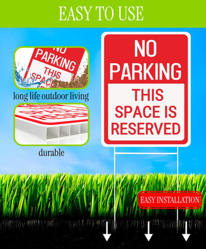 Set of 3 Double Sided 12x16 Inches No Parking This Space Is Reserved Sign with Metal Wire H-Stakes.Plastic Reserved Parking Indoor or Outdoor Sign Use