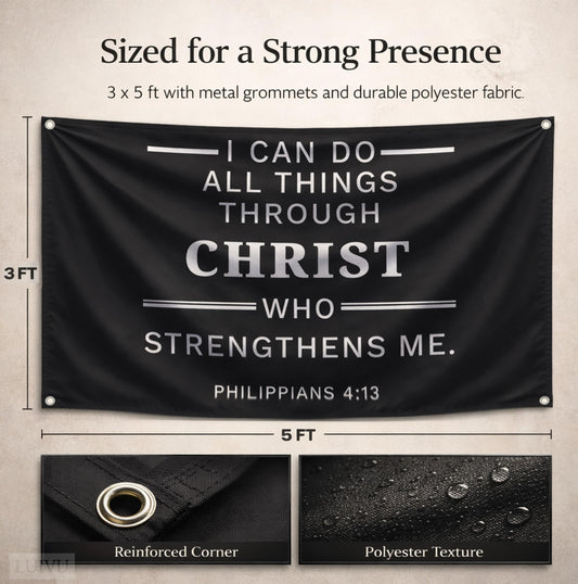3x5 ft Christian Bible Verse Flag – Philippians 4:13, Black Polyester Wall Banner with 4 Grommets
