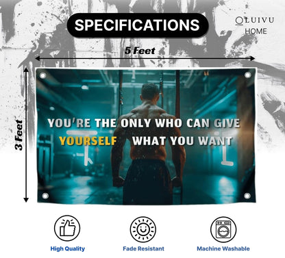 3x5 Feet Motivation Men Polyester Flag You're The Only One Who Can Give Yourself What You Want with with Four Brass Grommets.Gym Banner for Wall Decor