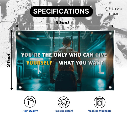 3x5 Feet Motivation Men Polyester Flag You're The Only One Who Can Give Yourself What You Want with with Four Brass Grommets.Gym Banner for Wall Decor