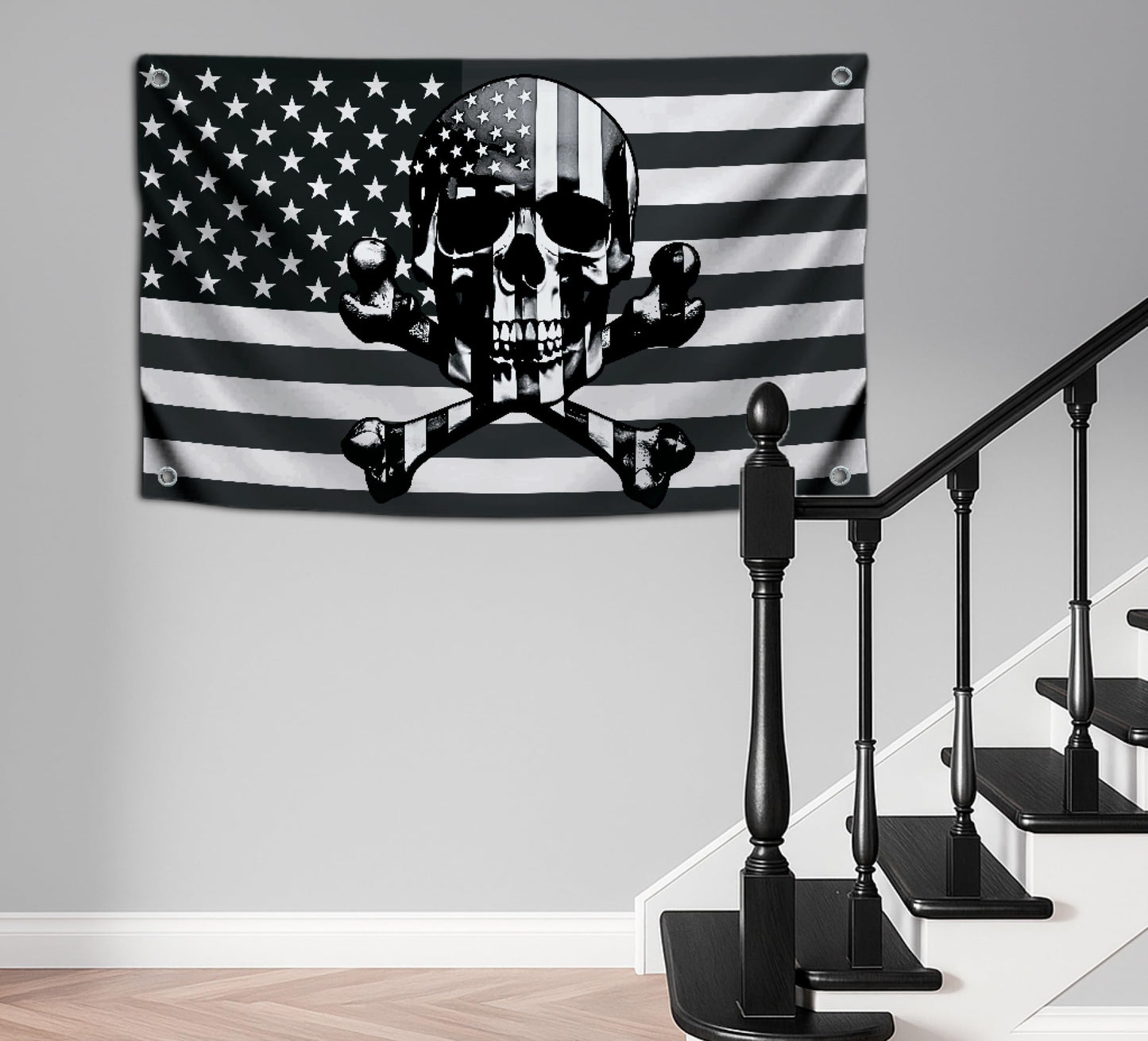 3x5 Ft American Skull Polyester Flags with 4 Brass Grommets - Pirate USA Flag or US Black Boat Single Sided Flags or Banners Man Cave Skull Bones Fun