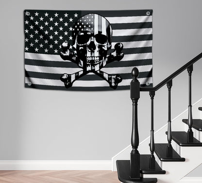 3x5 Ft American Skull Polyester Flags with 4 Brass Grommets - Pirate USA Flag or US Black Boat Single Sided Flags or Banners Man Cave Skull Bones Fun