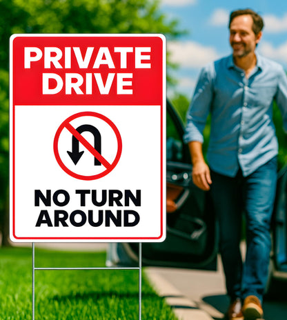 3X Private Drive No Turn Around Sign with Metal Stakes - 12x8 Inches Do Not Enter No Trespassing Double sided Signs