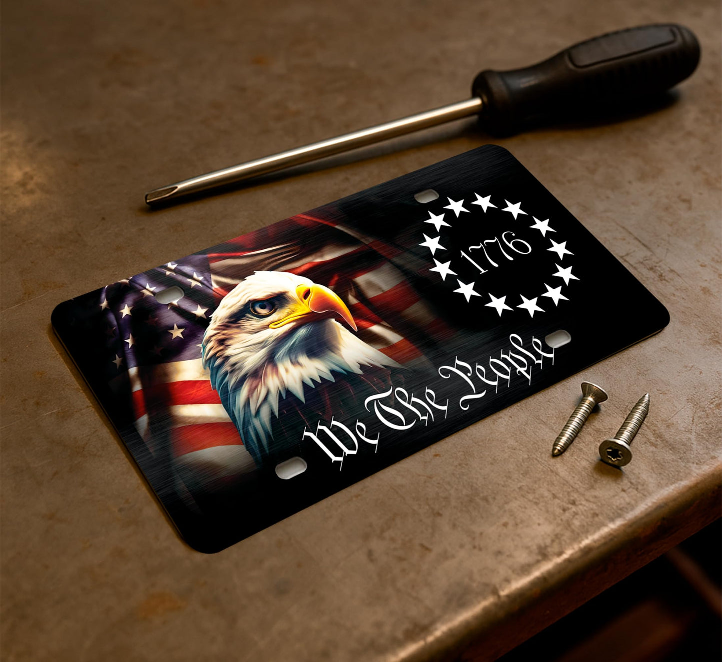 6x12.25 Inch American Vanity Aluminum Car License Plate Frame with 4 Holes and Screws for Front We The People