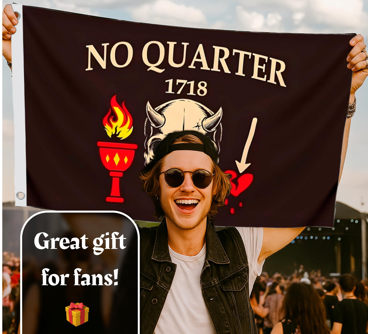 3x5 Ft Pirate No Quarter No Mercy Polyester Flag - Resistant for Outdoor House Room - Single Sided Pirate Skull Stick Flag with 2 Grommets