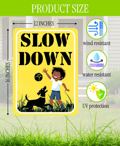 Set of 3 Double Sided 12x16 Inches "SLOW DOWN" Sign with Metal H-Stakes - Children at Play Safety Signs for Street