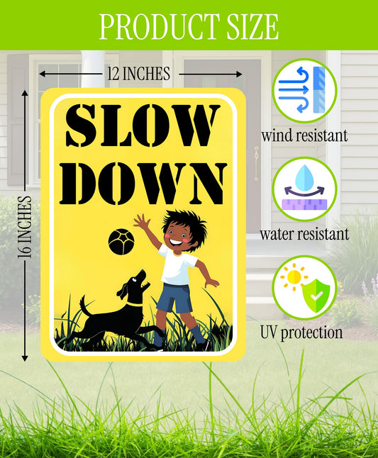 Set of 3 Double Sided 12x16 Inches "SLOW DOWN" Sign with Metal H-Stakes - Children at Play Safety Signs for Street