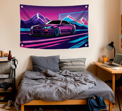 3x5 Feet Purple Racing Car Polyester Flag with Mountains In The Background with Four Brass Grommets - Car Wall Poster for Outdoor or Indoor