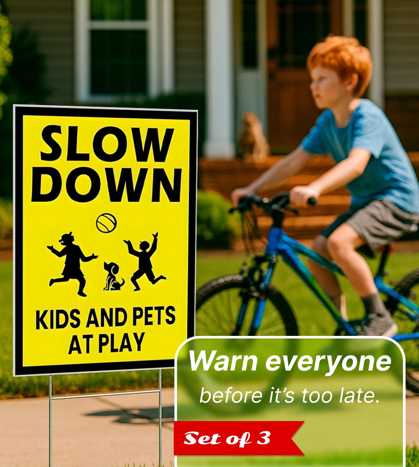 3 Pack Single Sided 8x12 Please Slow Down Kids and Pets at Play Yard Plastic Sign with Metal H-Stakes - Children At Play