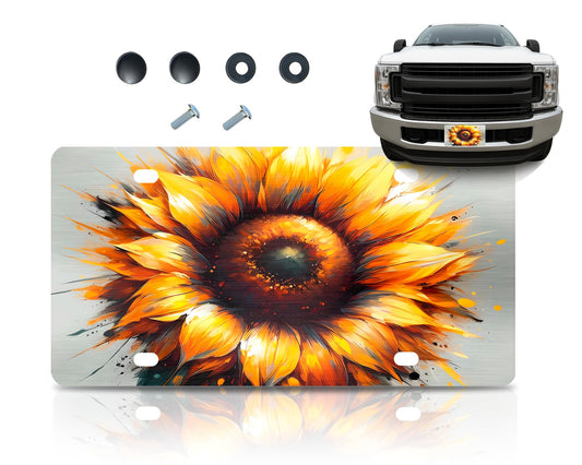 6x12.25 Inch Front Yellow Sunflower License Frame for US Standard Plate Frames - Car Frames Bright Floral Colorful Bloom with 4 Holes and Screws