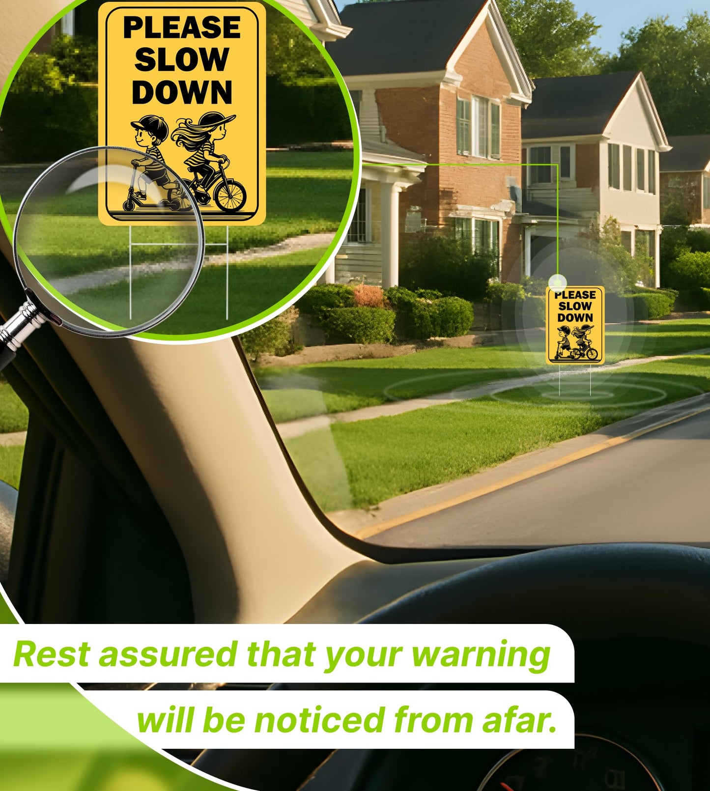 Set of 3 Double Sided 12x16 Inches "Please Slow Down" Sign with Metal H-Stakes - Сhildren at Play Safety Signage for Street