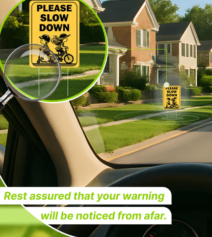 Set of 3 Double Sided 12x16 Inches "Please Slow Down" Sign with Metal H-Stakes - Сhildren at Play Safety Signage for Street