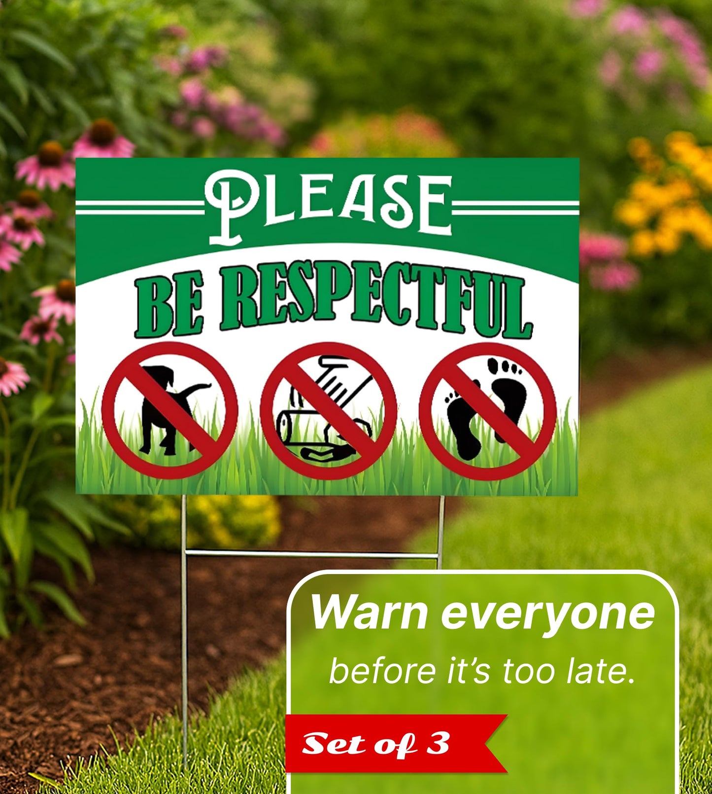 Pack of 3 Be Respectful Dog Plastic Sign 8x12 Inch Double Sided - No Dog Poop Signs for Yard - Pick Up After Your Pet Sign