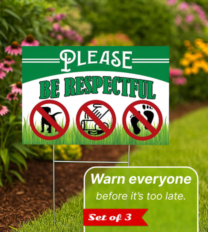 Pack of 3 Be Respectful Dog Plastic Sign 8x12 Inch Double Sided - No Dog Poop Signs for Yard - Pick Up After Your Pet Sign