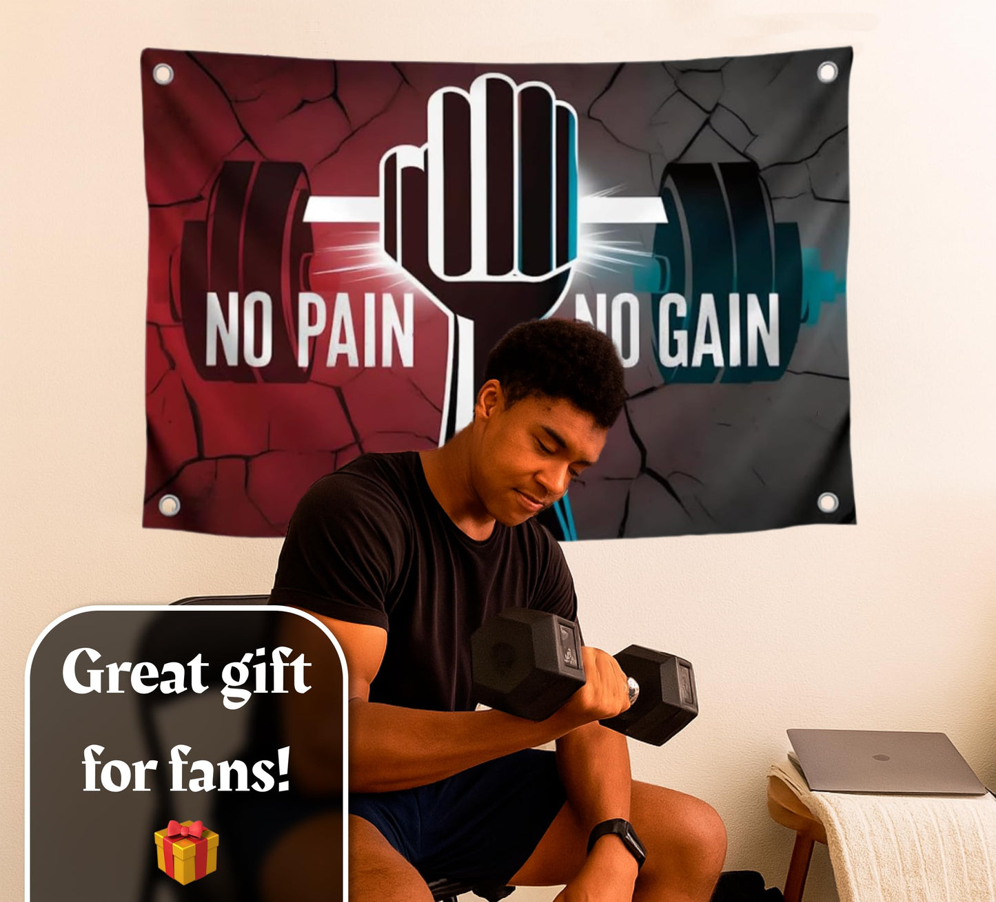 3x5 Ft Motivation Gym Single Sided Flag with Quote "No Pain No Gain" with 4 Brass Grommets - Inspire Your Workout Polyester Banner