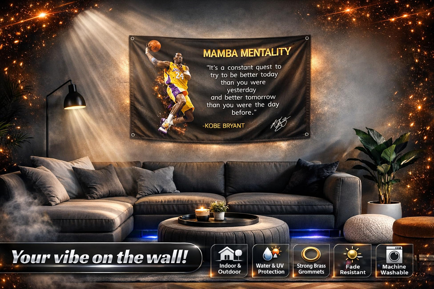 3x5 Feet NBA Basketball Player Sports Flag with Four Brass Grommets - Kobe Mamba Mentality Quote Banner - Motivational Artwork for Home or Office