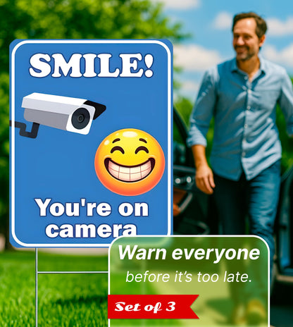 Set of 3 Double Sided 12x8 Inches Plastic Sign With H-Stakes "SMILE! You'reon Camera" - Tresspassing Video Surveillance Private Property Signs